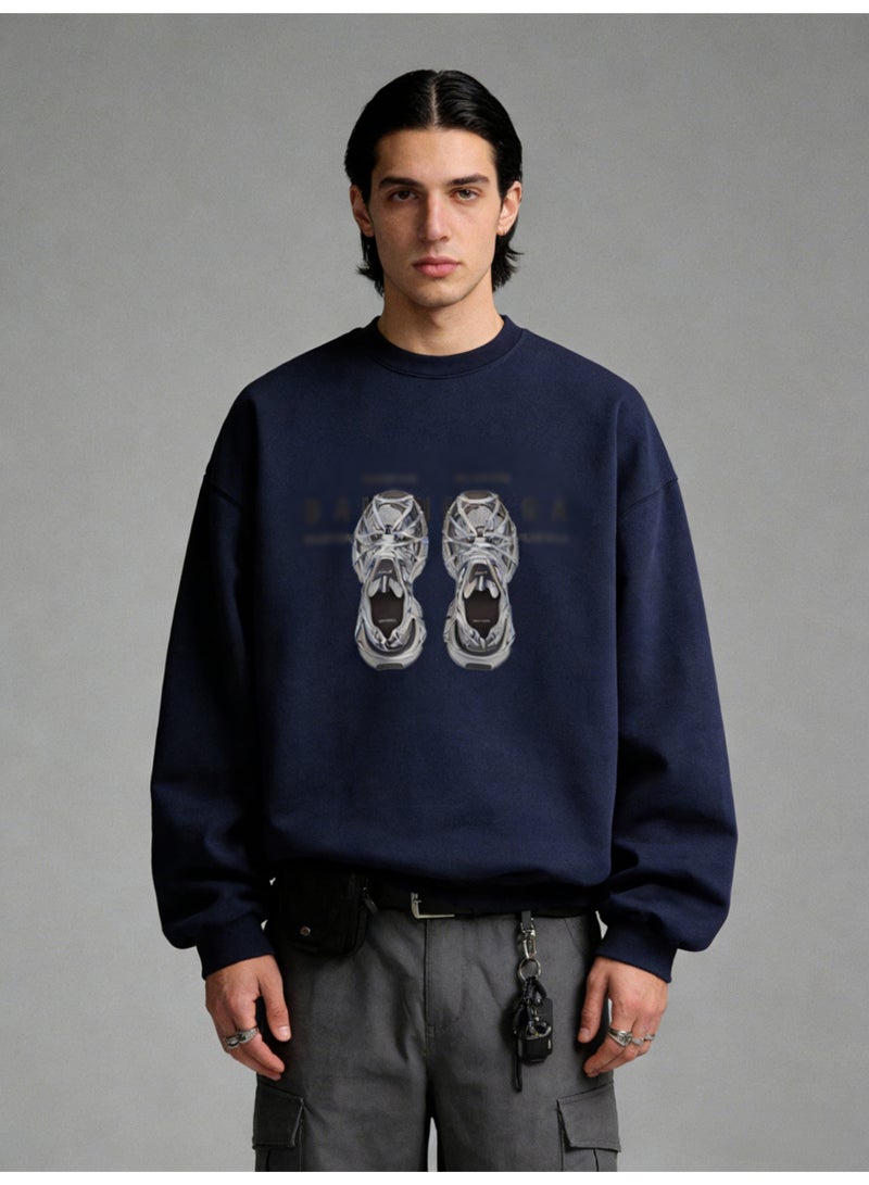 BM INS Navy Blue "Futuristic Sneaker" Graphic Oversized Crew Neck Sweatshirt | Unisex Streetwear Pullover With Letter Print - Image 1